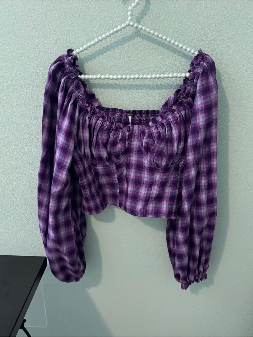 Free People Purple Plaid Off-Shoulder Peasant Blouse